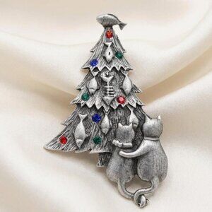 Cat Christmas Tree Brooch Pewter Tone Holiday Pin Pendant 3.25 Inch